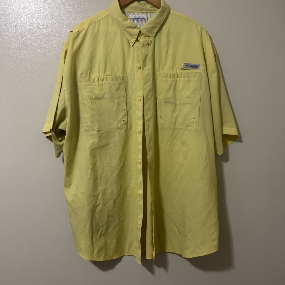 Columbia PFG Men’s XXL Short Sleeve Fishing Shirt Vented Mesh Yellow Button Up